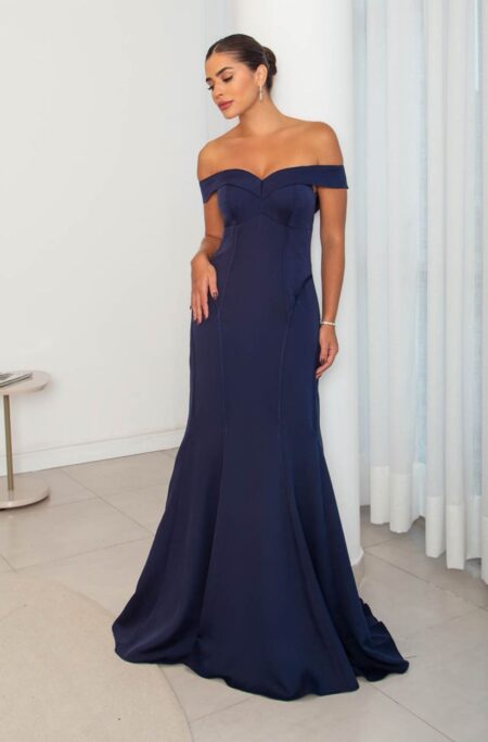 Vestido Aurelia Alfaiataria Ombro A Ombro, Detalhe Vies Na Saia Sereia - Marinho