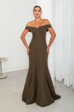 Vestido Aurelia Alfaiataria Ombro A Ombro, Detalhe Vies Na Saia Sereia - Oliva