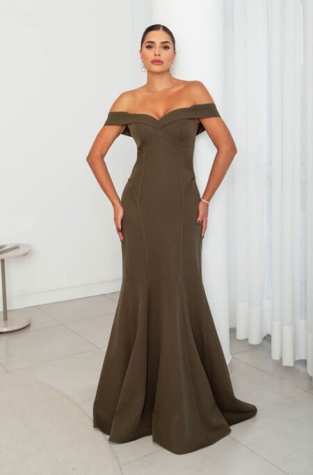 Vestido Aurelia Alfaiataria Ombro A Ombro, Detalhe Vies Na Saia Sereia - Oliva