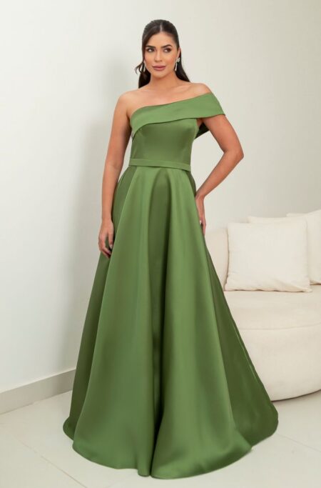 Vestido Lilith Zibeline Um Ombro e Saia Rodada - Oliva