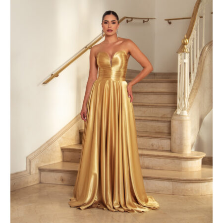 Vestido Thea Decote Plissado Busto e Saia Rodada Cetim - Dourado
