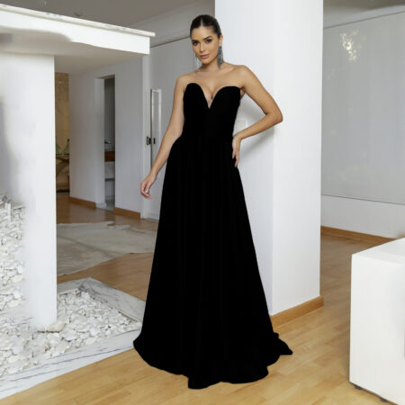 Vestido Thea Decote Plissado Busto e Saia Rodada Cetim - Preto