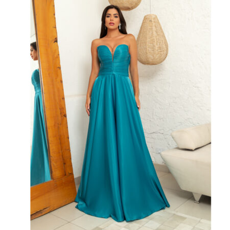Vestido Thea Decote Plissado Busto e Saia Rodada Cetim - Turquesa