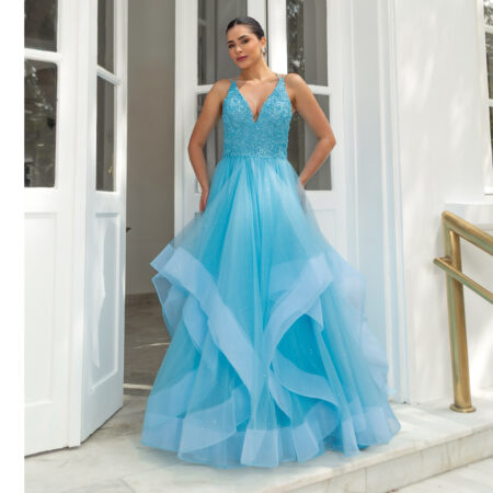 Vestido Hattie Bordado, Alça Dupla e Saia Cascata - Azul Ceu