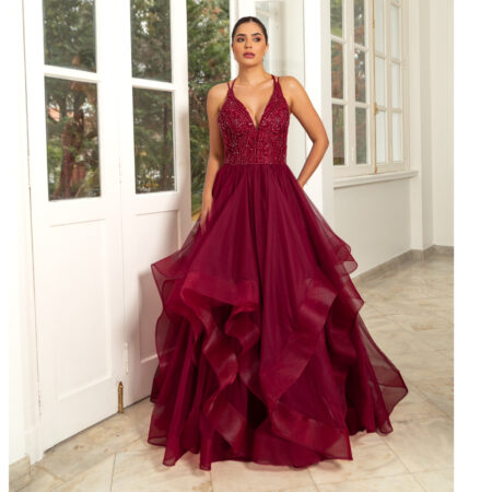 Vestido Hattie Bordado, Alça Dupla e Saia Cascata - Marsala