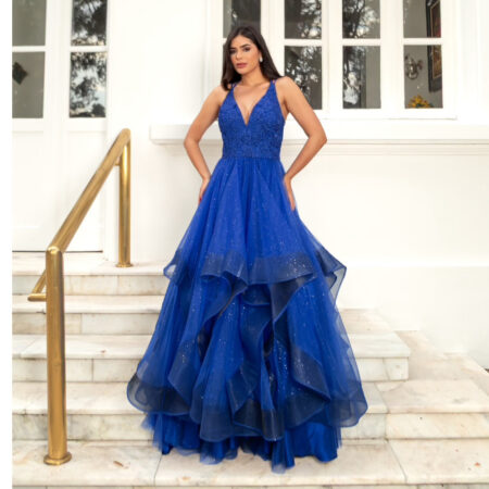 Vestido Hattie Bordado, Alça Dupla e Saia Cascata - Royal