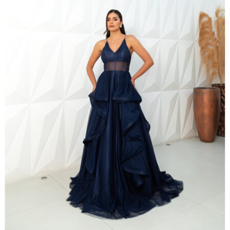 Vestido Reign Tule Brilho Regata com Saia Cascata - Marinho