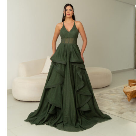 Vestido Reign Tule Brilho Regata com Saia Cascata - Oliva