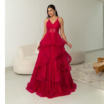 Vestido Reign Tule Brilho Regata com Saia Cascata - Vermelho