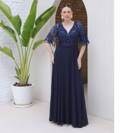 Vestido Gracelynn Chiffon Renda Saia Rodada - Marinho