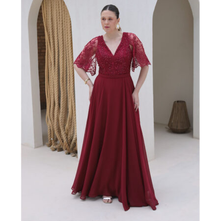 Vestido Gracelynn Chiffon Renda Saia Rodada - Marsala