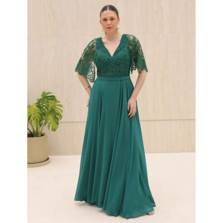 Vestido Gracelynn Chiffon Renda Saia Rodada - Musgo