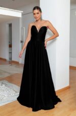 Vestido Thea Decote Plissado Busto e Saia Rodada Cetim - Preto