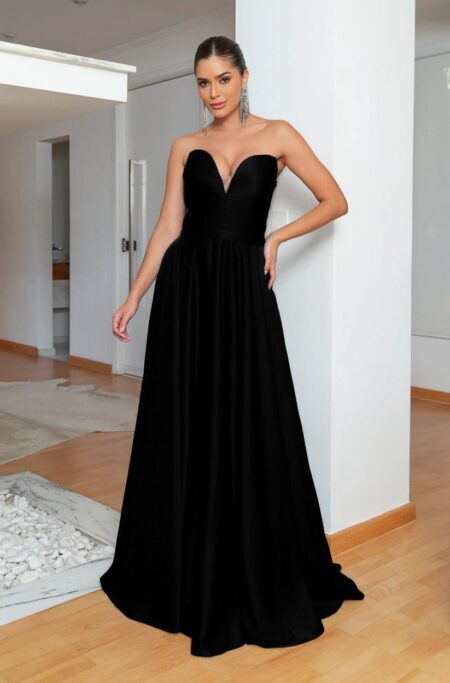 Vestido Thea Decote Plissado Busto e Saia Rodada Cetim - Preto