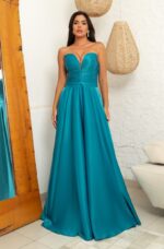 Vestido Thea Decote Plissado Busto e Saia Rodada Cetim - Turquesa