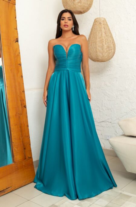 Vestido Thea Decote Plissado Busto e Saia Rodada Cetim - Turquesa