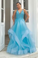 Vestido Hattie Bordado, Alça Dupla e Saia Cascata - Azul Ceu