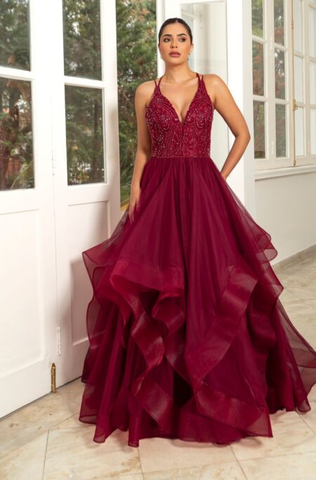 Vestido Hattie Bordado, Alça Dupla e Saia Cascata - Marsala