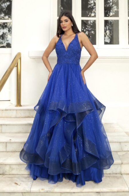 Vestido Hattie Bordado, Alça Dupla e Saia Cascata - Royal