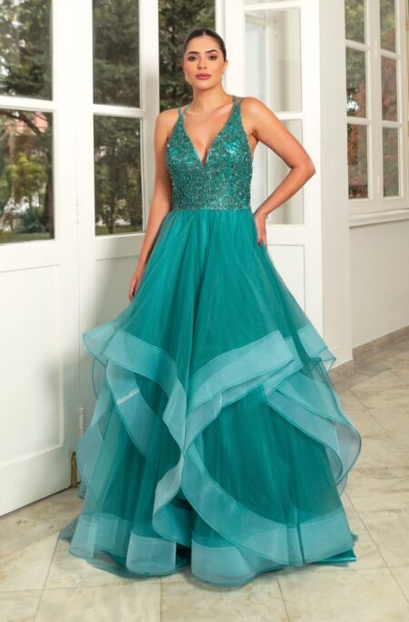 Vestido Hattie Bordado, Alça Dupla e Saia Cascata - Verde