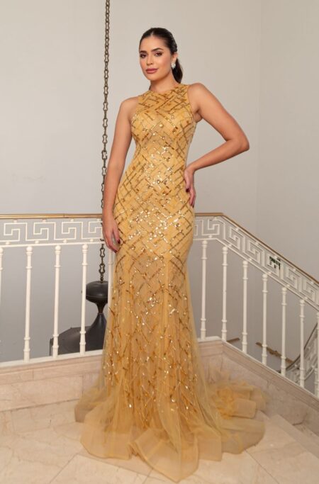 Vestido Alessandra Importado Bordado Pedra, Paete e Saia Sereia Bicici - Dourado