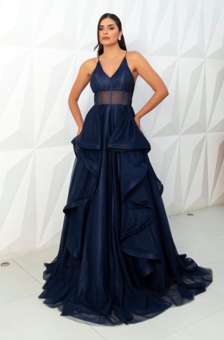 Vestido Reign Tule Brilho Regata com Saia Cascata - Marinho