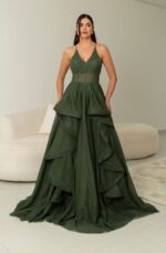 Vestido Reign Tule Brilho Regata com Saia Cascata - Oliva