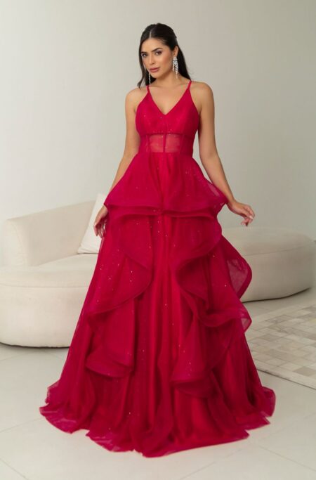 Vestido Reign Tule Brilho Regata com Saia Cascata - Vermelho