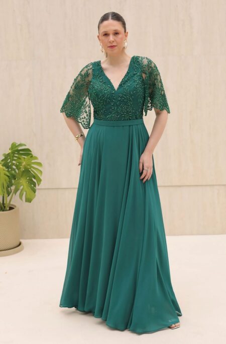 Vestido Gracelynn Chiffon Renda Saia Rodada - Musgo