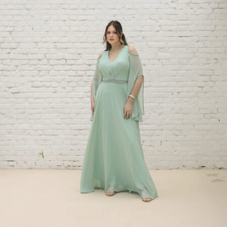 Vestido Kaylyn Chiffon Busto Prega, Cintura Bordada e Capa - Menta