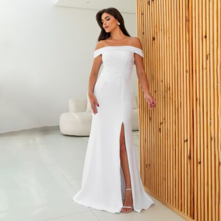 Vestido Esme Noiva Alfaiataria Ombro A Ombro com Prega e Saia Fenda - Branco