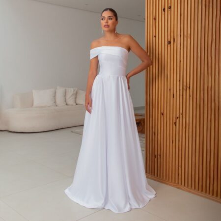 Vestido Fatima Noiva Cetim, Um Ombro, Prega Frontal e Saia Rodada - Branco