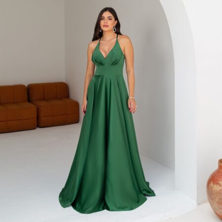 Vestido Abby Cetim Busto Prega e Saia Rodada - Verde