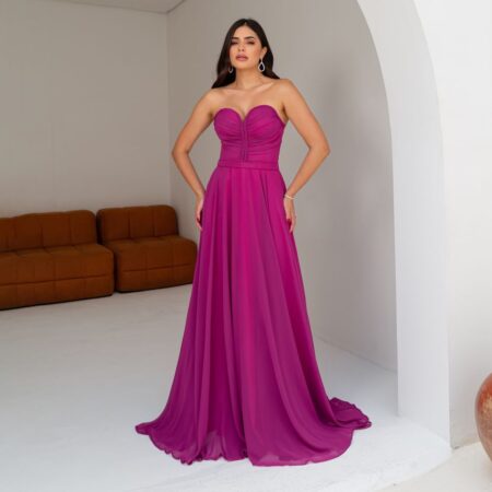 Vestido Aliyah Chiffon Tqc Detalhe Trançado Busto Franzido e Saia Rodada - Fuchsia