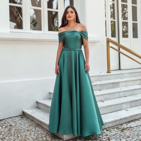 Vestido Kallina Zibeline Ombro Ombro com Saia Rodada - Verde Esmeralda