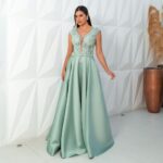 Vestido Eva Zibeline Busto Bordado, Leve Manga e Saia Rodada - Turquesa