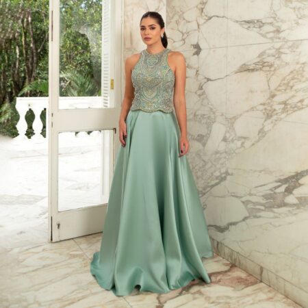 Vestido Quinn Importado Busto Bordado e Saia Zibeline - Menta