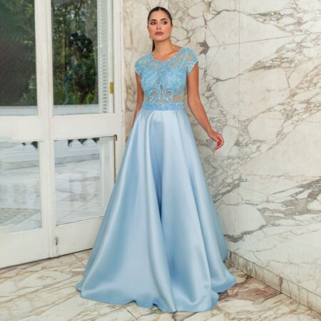 Vestido Aubree Zibeline Busto Bordado e Saia Rodada - Azul Ceu