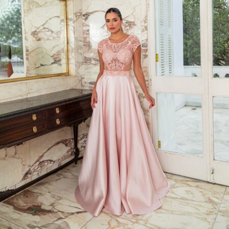 Vestido Aubree Zibeline Busto Bordado e Saia Rodada - Rose