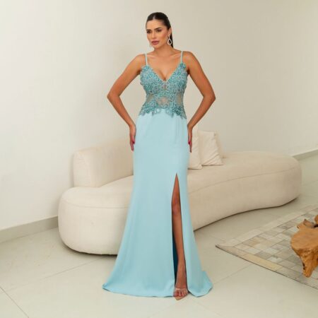 Vestido Juliana Alfaiataria Busto Bordado e Saia Sereia com Fenda - Azul Ceu