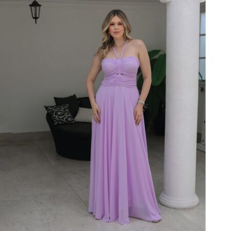 Vestido Remi Chiffon Busto Franzido e Saia Rodada - Lavanda