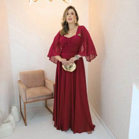 Vestido Leona Chiffon Prega Busto, Capa e Saia Rodada - Marsala