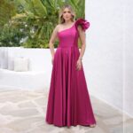 Vestido Jenna Cetim Amanda Um Ombro com Detalhe e Saia Rodad - Fuchsia