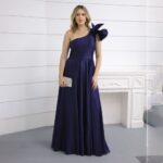 Vestido Jenna Cetim Amanda Um Ombro com Detalhe e Saia Rodad - Marinho