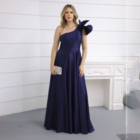 Vestido Jenna Cetim Amanda Um Ombro com Detalhe e Saia Rodad - Marinho