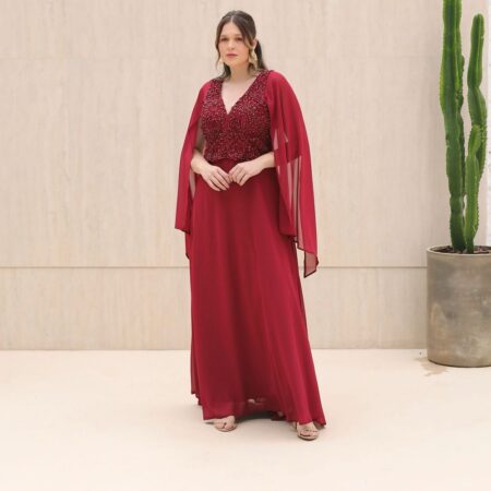 Vestido Regina Chiffon Busto Renda Manga  Saia Rodada - Marsala