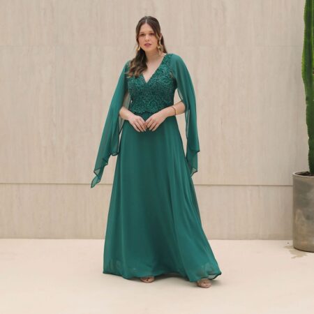 Vestido Regina Chiffon Busto Renda Manga  Saia Rodada - Verde