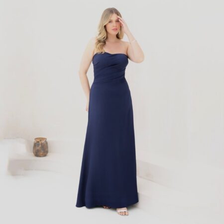 Vestido Esmeral Alfaiataria Prega Frontal e Saia Evasê - Marinho