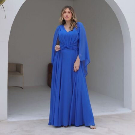 Vestido Catherine Chiffon Detalhe Frontal, Capa e Saia Rodada - Royal