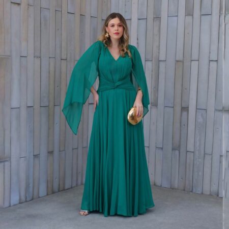 Vestido Catherine Chiffon Detalhe Frontal, Capa e Saia Rodada - Verde